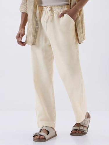 Image of Urbano Fashion Men's Loose Fit Solid Linen Blend Trousers Non-Stretchable
