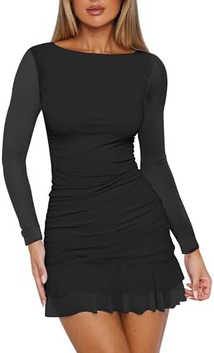 HOCILLE Women's Sexy Bodycon Boat Neck Mini Dresses Mesh Long Sle...
