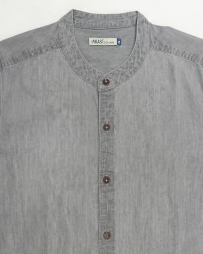 Image of Amazon Brand - INKAST Men Washed Cotton Twill Denim Casual Button Down Shirt | Mandarin Collar | Full Sleeves | Regular Fit | Stylish Summer - Everyday Wear