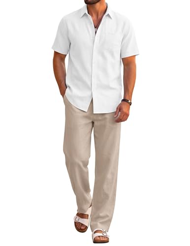 COOFANDY Men Beach Outfits Sets 2 Piece Casual Beach Cruise Outfits Short Sleeve Button Down Shirts Loose Pants Sets