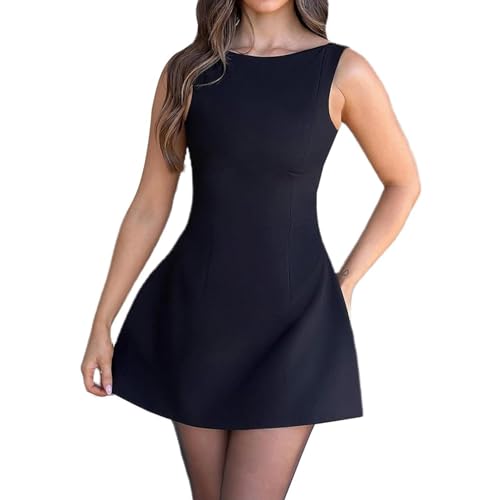 ABYOVRT Women Sexy Backless Mini Dress Sleeveless Open Back A Line Formal College Graduation Dress (Black,M