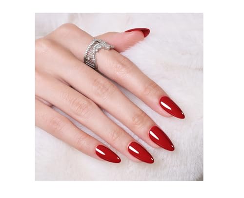 Wooyas Red Press on Nails Almond,Handmade Stiletto Glossy False Nails Reusable Salon Perfect Stick on Nails 24 Pcs Soft Gel Glue On Nails Kit for Women Gift