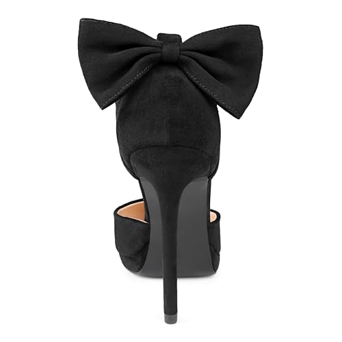 Zzheels Women's Pointed Toe Platform Stiletto Heels Bow Dress Heels Ankle Strap Pumps Black Suede US94