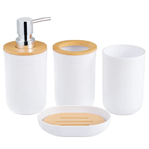 HonGien Ensemble D'accessoires de Salle de Bains, 4 Accessoire Salle de Bain Bambou, Set de Salle de Bain avec Porte-Brosse à Dents, Gobelet pour Bain de Bouche, Flacon...
