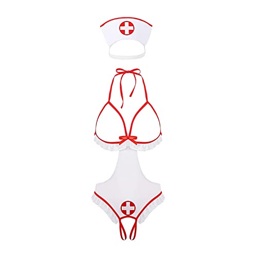 Lingerie Womens Fantasy Porno Nurse Cosplay Costumes Open Cups Crotchless Nurses Doctors Bodysuit Uniform Naughty Roleplay Lingerie Women's bikini swimsuit (Color : White, Size : M)