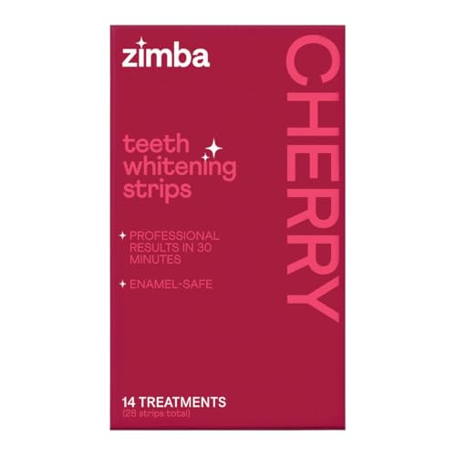 New Zimba Cherry Flavored Teeth Whitening Strips | Vegan, Enamel Safe Hydrogen Peroxide Teeth Whitener for Coffee, Wine, Tobacco, and Other Stains | 14 Day Treatment | Cherry