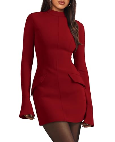 OFEEFAN Basic Burgundy Dress for Women Fall Dresses for Women 2025 XS