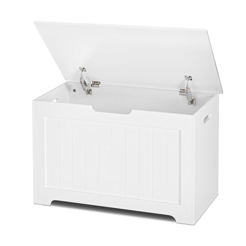 Image of SUPER DEAL Storage Chest, 30 inches Chest Box Organizer with 2 Safety Hinges, Wooden Entryway Storage Bench, White