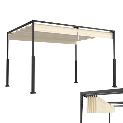 LZQ Pergola Pavillon 3x4 m mit stabilem Stahlrahmen und verstellbarem Schiebedach, Terrassendach aus PA-beschichtetem Polyester, wetterbeständiger Sonnenschutz für Garten und Terrasse (Beige)