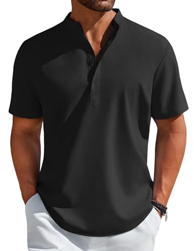 COOFANDY Mens Casual Henley Shirt Short Sleeve Band Collar Linen Shirt Summer Beach Hippie T-Shirts Black