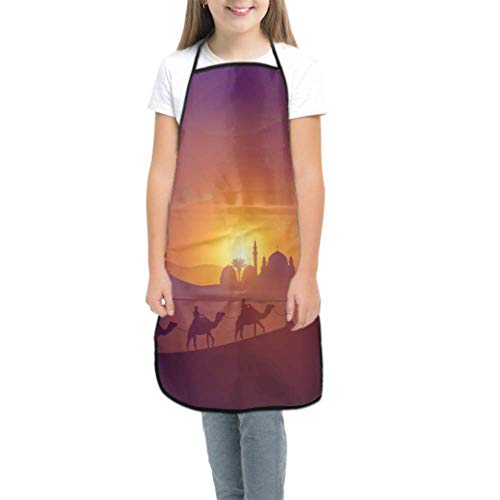 Kid Apron Desert Sunset Landscape Camel Girls Chef Apron Chefs Apron Waterproof With Pocket For Cooking Baking Painting And Party