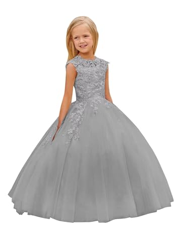 POMUYOO Lace Flower Girls Dresses for Wedding Long Princess Pageant Dresses Kids Prom Puffy Tulle Ball Gown YG231