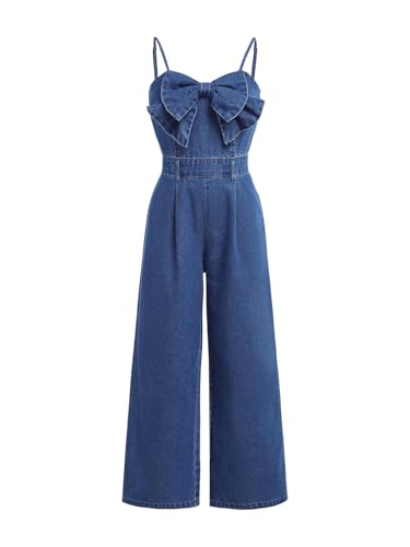 Floerns Girls Bowknot Sleeveless Overall Denim Jumpsuit Kids Baggy Jeans Pants Medium Wash 11Y