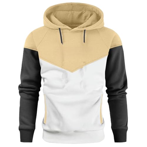 HUBGFEQ Fall Winter Men's Patchwork Hoodie Outdoor Sportswear Street Top Fleece Thermal Hooded Sweatshirt-Beige-L