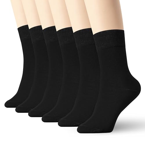 K-LORRA Black White Cotton Socks For Women and Men, Black White Dress Socks, Friendly to Diabetes, 6 Paires, Size 6 to 11