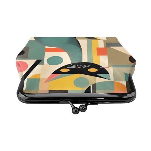 Mid-Century Modern Art Cat print Women's leather kiss lock coin wallet Portable wallet for office and travel2