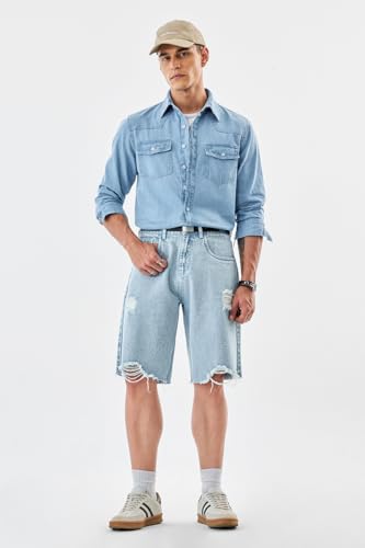 Image of SNITCH Men Casual Shirt | Regular Fit Long Sleeve Spread Collar Solid Pattern | 100 Percent Cotton Fabric & Durable Denim Shirt for Men & Rugged Men's Fashion Top