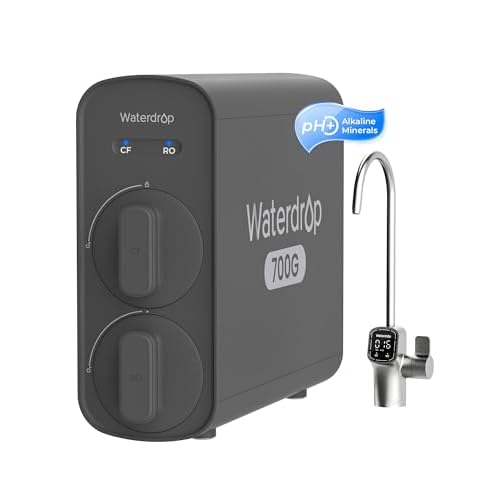 Waterdrop G5P700A Alkaline Mineral pH+ Reverse Osmosis Water Filter, NSF/ANSI 58 & 372 Certified, 700G Reverse Osmosis System, 8 Stage RO Water Filtration System, 2:1 Pure to Drain, Smart LE