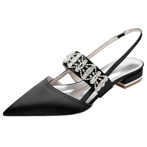 Womens Pointed Toe Wedding Flats Crystal Slingback Satin Prom Evening Bridal Party