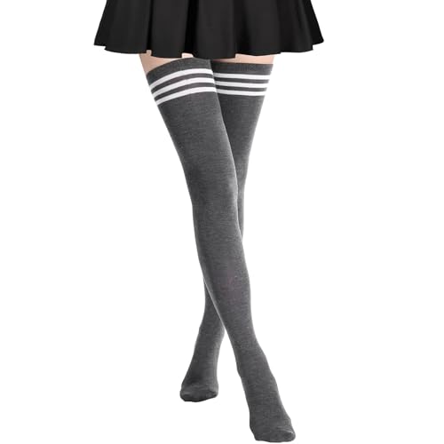 Image of AQOKKA Extra Long Thigh High Socks for Women Striped Over Knee Thigh Socks Long Boot Thigh High Stockings Leg Warmers