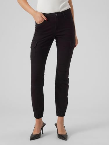VERO MODA Damen Jeans Hose Stretch Denim Jogger Pants Cargo Stoffhose VMIVY, Farben:Schwarz, Größe:M / 30L, Beinlänge:L30