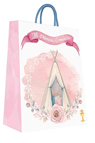 12 Bolsas medianas de comunión niña tienda| Paquete 12 unidades bolsas de regalo con glitter y detalles en 3D, tamaño 32 x 26 x 10 cm| Arguval Cover