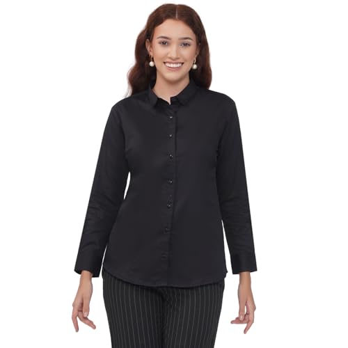 Image of Women's Cotton Solid Long Sleeve Shirt - Formal & Casual Button-Down Long Sleeve Collared Top for Office, Workwear 100% Soft Breathable Cotton Fabric