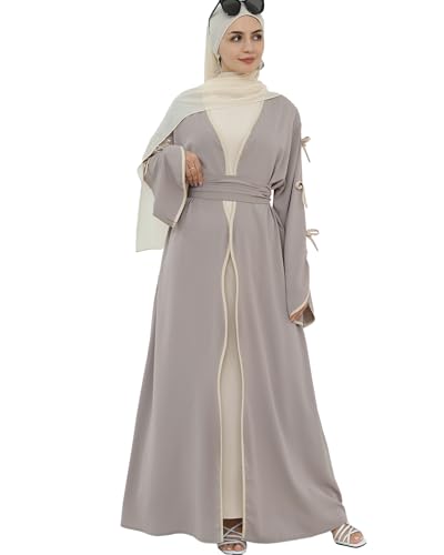 Elegant Flowy Muslim Cardigan Robe with Bow Accents Front Wave Design Abaya for Women Open Front Abaya with Belt