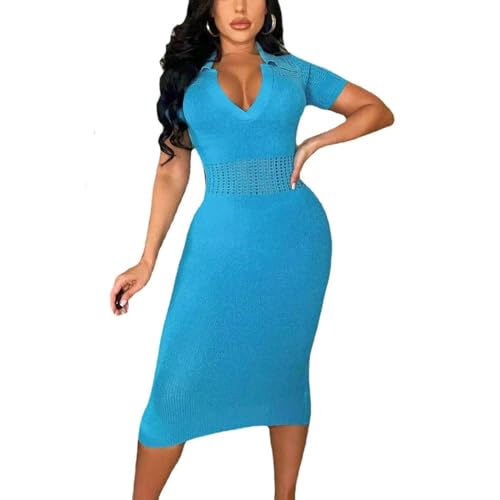 Image of Women's Fashion Sexy Elegant Comfortable Fit Vital V-Neck Knitted Short Sleeve Dress