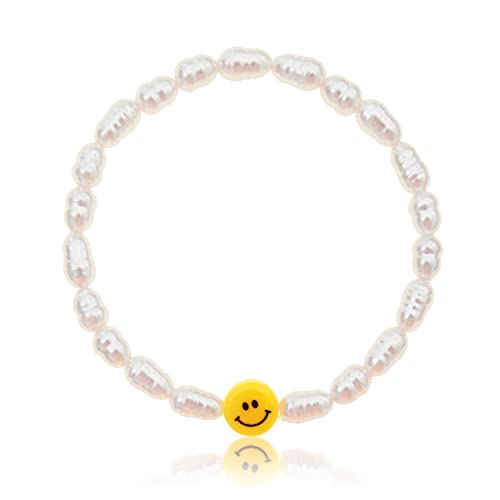 Made by Nami Designer Armband mit Süßwasser-Perlen - Elastisches Herren & Damen Perlenarmband Unisex - Wasserfestes Surfer-Armband - Handmade Strand & Festival Schmuck (Smiley Face) Cover