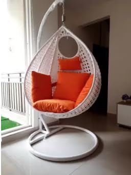 ANAND INDIA GROUPS Single Seater Egg Swing Chair with Stand & Cushion Outdoor Indoor Balcony Garden Patio,Powder Coated Frame,UV Protected Wicker(White_ Orange)