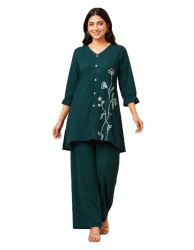 TADKEE Silk Blend Embroidered Stylish V-Neck Co-ord Set for Women | Kurta Sets for Woman | Party & Ethnic Wear