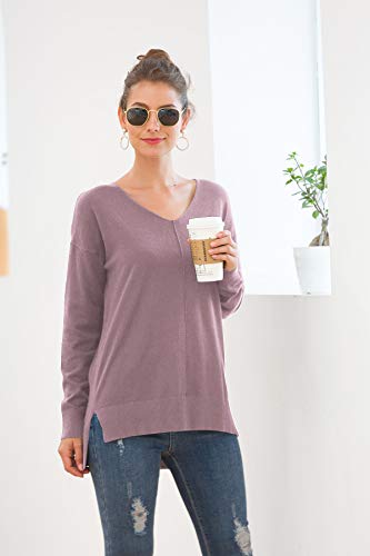 Jouica Women's Extra Soft V-Neck Pullover Sweater Long Sleeved Sweater Top With Hi-Low,Purple Gray,Large #TOP1