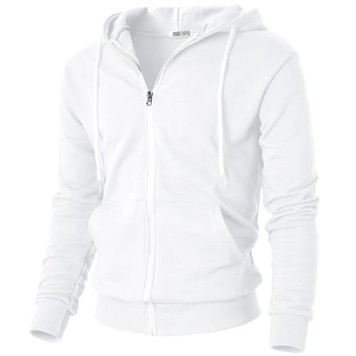 Ohoo Men’s Midweight 100% Cotton French Terry Zip-Up Hoodie, Slim-Cut Regular Fit Hooded Jacket with Hidden Media Pocket