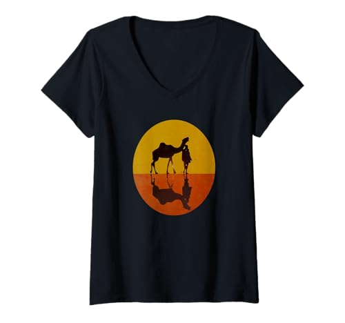 Damen Kamel in Wüste T-Shirt mit V-Ausschnitt