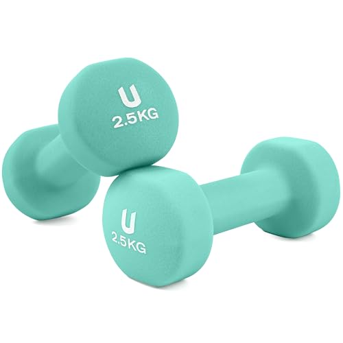 unycos - Par de Mancuernas Antideslizantes de Neopreno, Pesas【2,5 kg】Ergonómicas con Diseño Redondo y Anti-Rodadura, Resistentes, Ideales para Entrenamiento de Fuerza y Gimnasio en Casa (Turquesa)