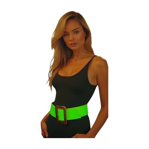 Women Fashion Wide Faux Leather Band Belt Gold Metal Square Buckle S M Neon Green2