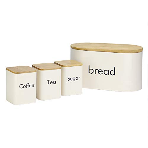 Maison & White 4 Piece Kitchen Canister Set – Tea, Coffee & Sugar Tins plus Bread Bin (Larger Capacity) with Airtight Bamboo Lids & Embossed Metal Finish | M&W - Cosy Home Interiors Maison & White 4 Piece Kitchen Canister Set – Tea, Coffee & Sugar Tins plus Bread Bin (Larger Capacity) with Airtight Bamboo Lids & Embossed Metal Finish | M&W