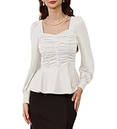 Belle Poque Peplum Tops for Women Square Neck Long Sleeve Blouses Ruffle Hem Smocked Elegant Shirts