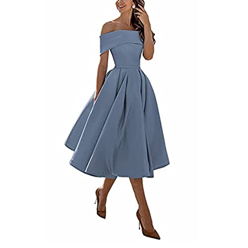 yhfshop Bal Mariage Cérémonie Robe de Soirée,Jupe Trois-Quarts en Satin Coupe trapèze,Gray Blue,US2,Grande Taille Robe de Soirée Femme