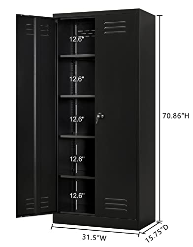 Cjf Metal Storage Cabinet, Locked Steel File Cabinet With 4 Adjustable Shelves & Locking System, Tall Metal Garage Cabinet For Office, Home, 70.86”H×31.5”W×15.75”D（Black） #TOP2