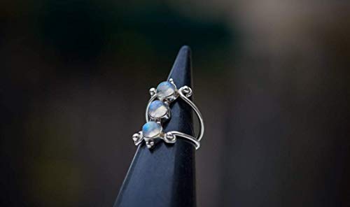 Moonstone Silver Ring, 925 Sterling Silver And Three Moonstone Light Blue Gemstones Ring For Women, Triple Moonstone And Real Silver Statement Ring, Bohemian Gift, Handmade By Lilyom (Us 6.5 = Fr 54) #TOP3