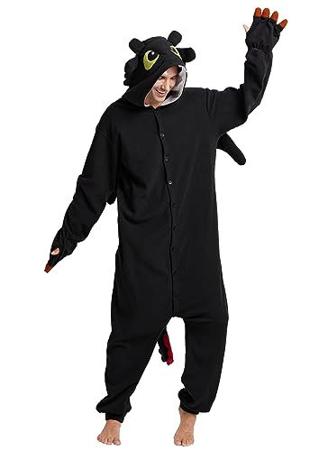 Kidukso Unisex Adult Dragon Onesie Pajamas Cute Animal Sleepwear Dragon Costume Halloween Christmas Party Costumes for Women Teens Men Black Large
