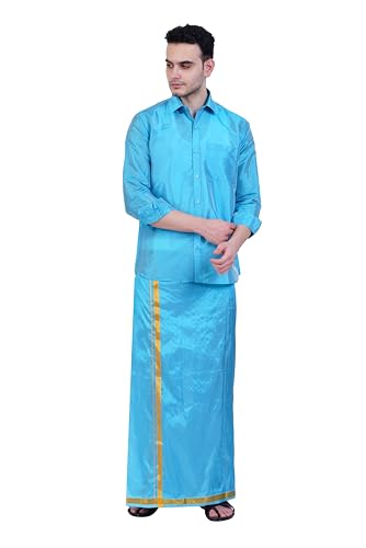 Image of PRAKASAM COTTON-Mens Art Silk Wedding Set /Art Silk 8 Mulam (8-Yard) Dhoti and Stitched Shirt for mens