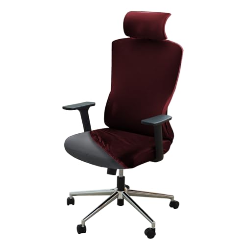 Image of HOKIPO 'SereneSolids' 140 GSM Office Chair Cover with Headrest (High-Back) - 140 GSM Stretch Fabric - Washable, Anti-Slip Fit for Ergonomic Mesh Office Chairs, Burgundy (AR-5369-BRGN)