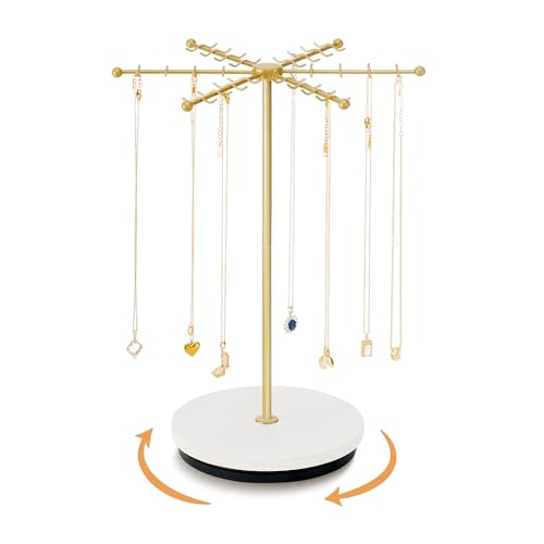 Poyilooo Necklace Holder Jewelry Stand, Rotating Necklace Holder Organizer with 48 Hooks for Necklace Earring Keychains Bracelet Display Stand, Metal Necklace Tree Stand -Women Gifts (Gold)