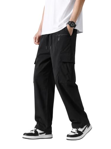 Image of Cargo Cotton Pants for Men's| Relaxed Fit Cargo Trousers| Multi Pocket Casual Streetwear Bottom| Drawstring Elastic Waistband Utility Pants for Men| Comfortable Lower for Men