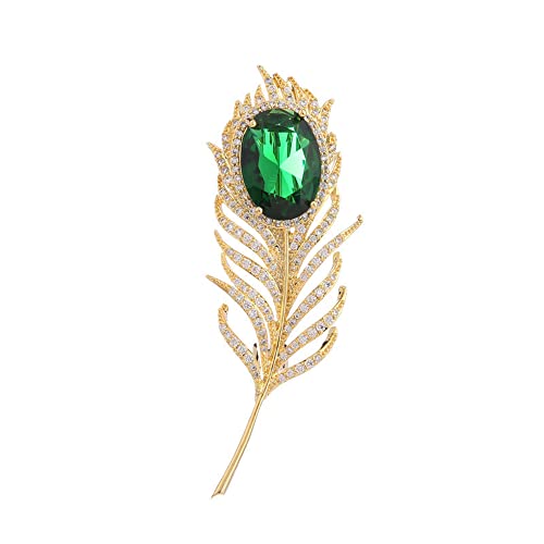 Image of 14K Golden Plated Feather Brooch Pin for Women Men With Simulated Emerald Cubic Zirconia Rhinestone Lapel Suit Badges Brooches Pins Fashion Delicate Corsage Scarfts Jewelry Gifts Wedding Birthday