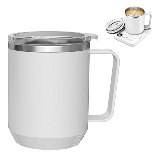 Image of Felibeaco 16oz Heated Coffee Mug with Flat Bottom for Rapid Heating, Stainless Steel Heated Coffee Cup Suitable for Different Coffee Mug Warmer /Heaters, Heated Mug /Cup for Home and Office Desk,White