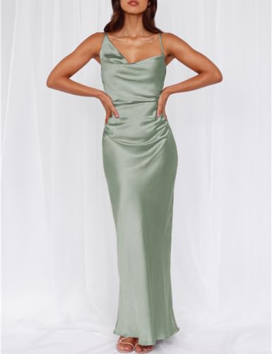 Image of Formal Satin Silk Spaghetti Strap Maxi Dresses for Women Wedding Guest